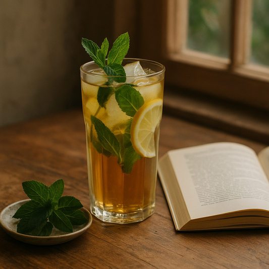 Minz-Eistee mit Zitrone und Buch auf Holztisch im Sommerlicht