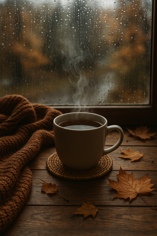 Steaming Tasse Tee auf Holztisch vor regennassem Fenster, umgeben von Herbstblättern und brauner Strickdecke – gemütliche Herbststimmung mit Tee.
