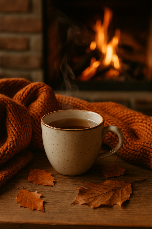 Dampfende Tasse Tee vor knisterndem Kaminfeuer, umgeben von Kuscheldecke und Herbstblättern – gemütlicher Herbstabend mit Tee.
