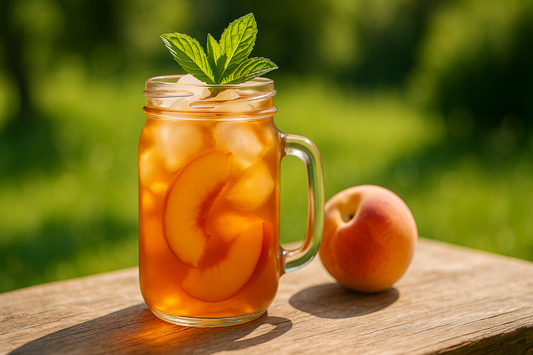 Glas Cold Brew Pfirsich Tee mit Eiswürfeln und frischen Pfirsichscheiben auf einem Holztisch im Garten, sommerliches Ambiente mit grünem Hintergrund – erfrischender Bio-Tee für heiße Tage ohne Zuckerzusatz.