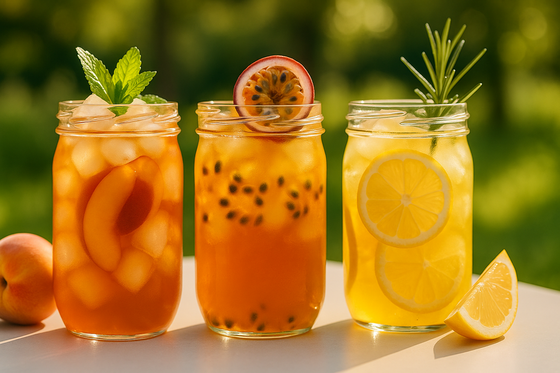 Drei sommerliche Mocktails mit Cold Brew Tee und frischen Früchten.
