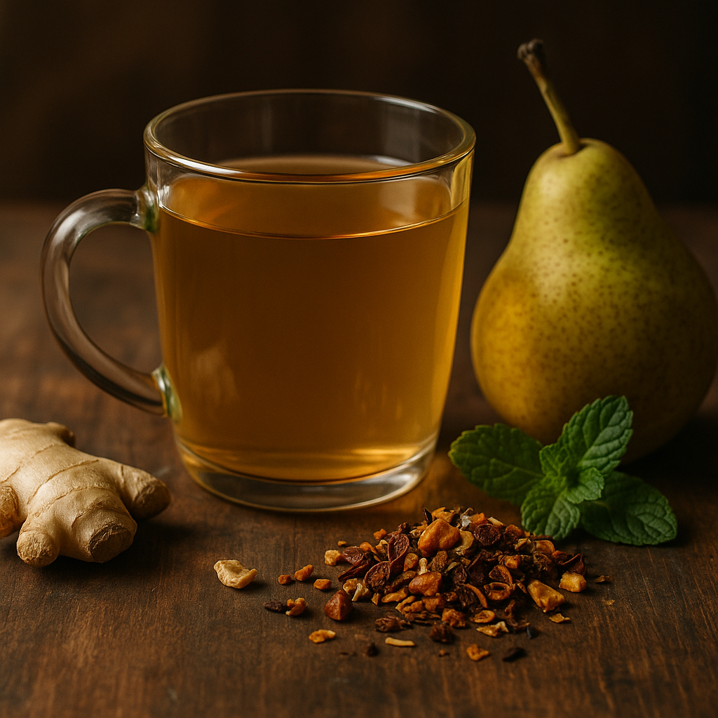 Glas mit goldfarbenem Birne-Ingwer Bio-Tee auf Holzuntergrund, daneben frische Birnenscheiben, Ingwerstücke und getrocknete Teemischung – fruchtig-scharfer Tee aus Bio-Zutaten.