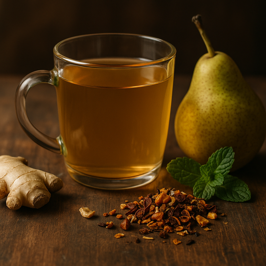 Glas mit goldfarbenem Birne-Ingwer Bio-Tee auf Holzuntergrund, daneben frische Birnenscheiben, Ingwerstücke und getrocknete Teemischung – fruchtig-scharfer Tee aus Bio-Zutaten.