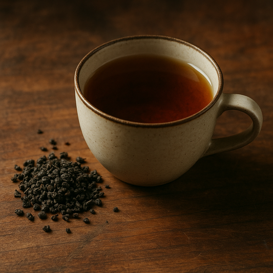 Tasse mit dunklem China Black Gunpowder Tee auf Keramikuntertasse, daneben lose, kugelförmig gerollte Schwarzteeblätter – mild-rauchiger Bio-Schwarztee mit Karamellnote.