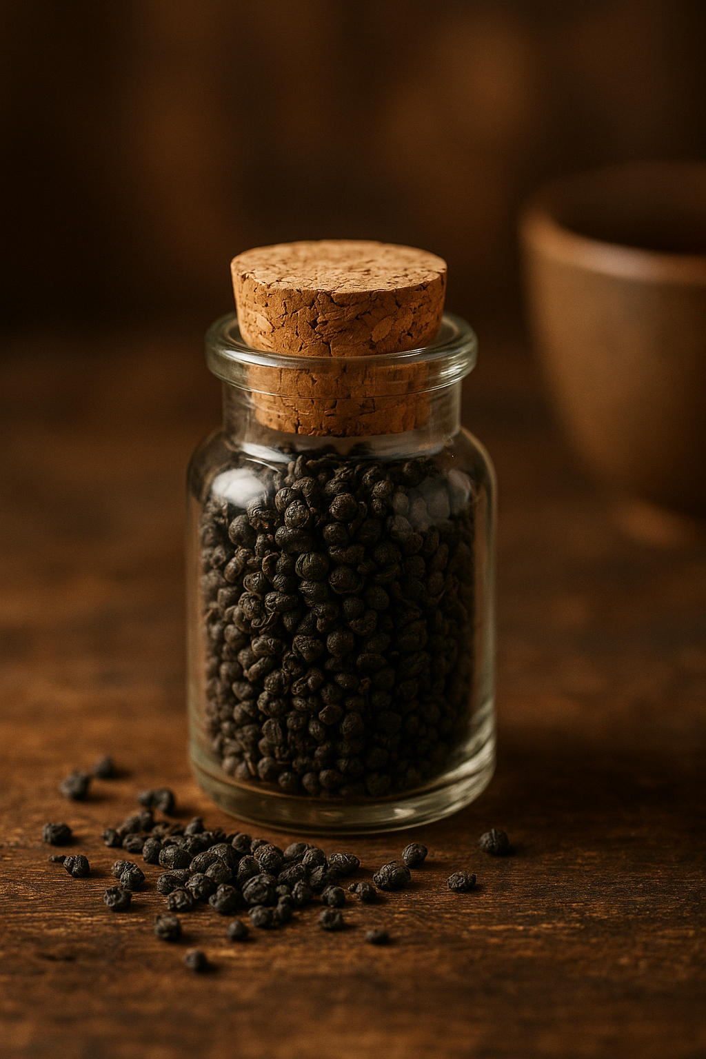 Kleines Glas mit Korkverschluss, gefüllt mit dunklen, kugelförmig gerollten Schwarztee-Perlen – dekorative Teeprobe des China Black Gunpowder Biotees mit mild-rauchigem Charakter.