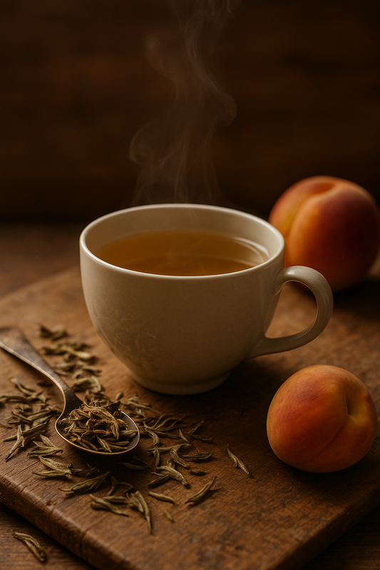 Tasse mit blass-goldenem Pai Mu Tan Bio-Tee auf hellen Naturmaterialien, daneben lose weiße Teeblätter mit silbrigen Tips – zarter, sonnengetrockneter Tee mit feiner Pfirsichnote.