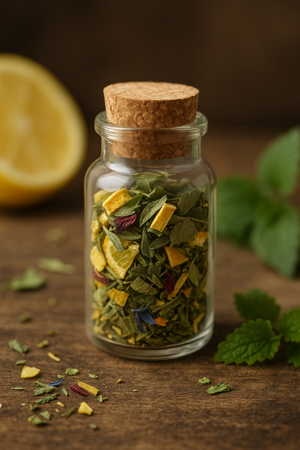 Kleines Glas mit Korken, gefüllt mit Zitronenschalen, Zitronenmelisse und Hibiskusblüten – farbenfrohe Teeprobe der Citro-Kick Bio-Teemischung auf rustikalem Holztisch.