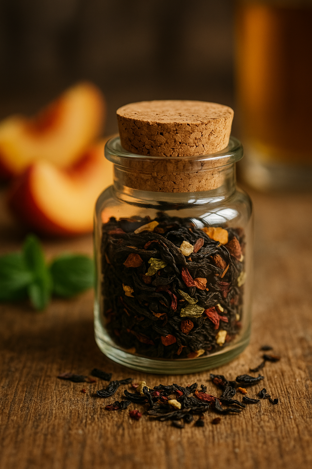 Ein kleines Glas mit Korkverschluss, gefüllt mit losem Pfirsich-Bio-Tee. Davor liegen Teeblätter, im Hintergrund frische Pfirsichstücke und Minze.