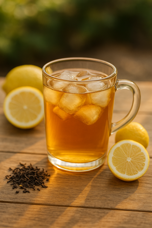 Ein Teeglas mit kalt aufgegossenem Zitronen-Bio-Eistee und Eiswürfeln auf einem Holztisch. Umgeben von frischen Zitronen und Teeblättern im Sonnenlicht.