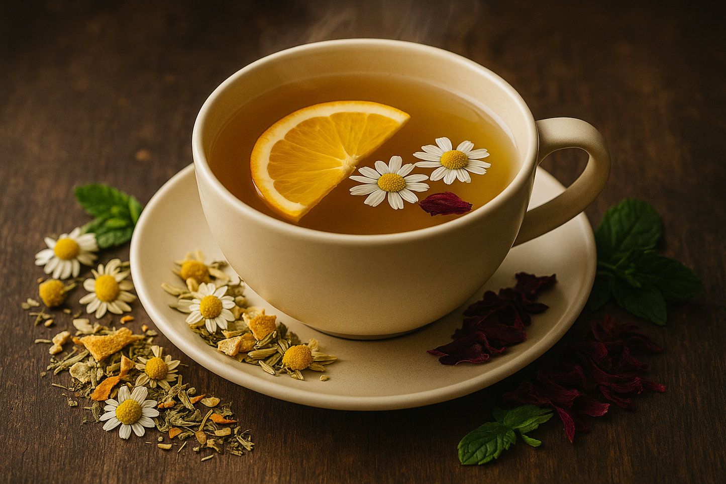 Tasse mit Donna Kamilla® Kräuter-Früchtetee auf Untertasse, dekoriert mit Kamillenblüten, Orangenscheibe und Hibiskus – harmonische Bio-Mischung mit Vanille und Zitrus.