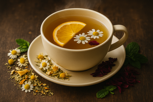 Tasse mit Donna Kamilla® Kräuter-Früchtetee auf Untertasse, dekoriert mit Kamillenblüten, Orangenscheibe und Hibiskus – harmonische Bio-Mischung mit Vanille und Zitrus.