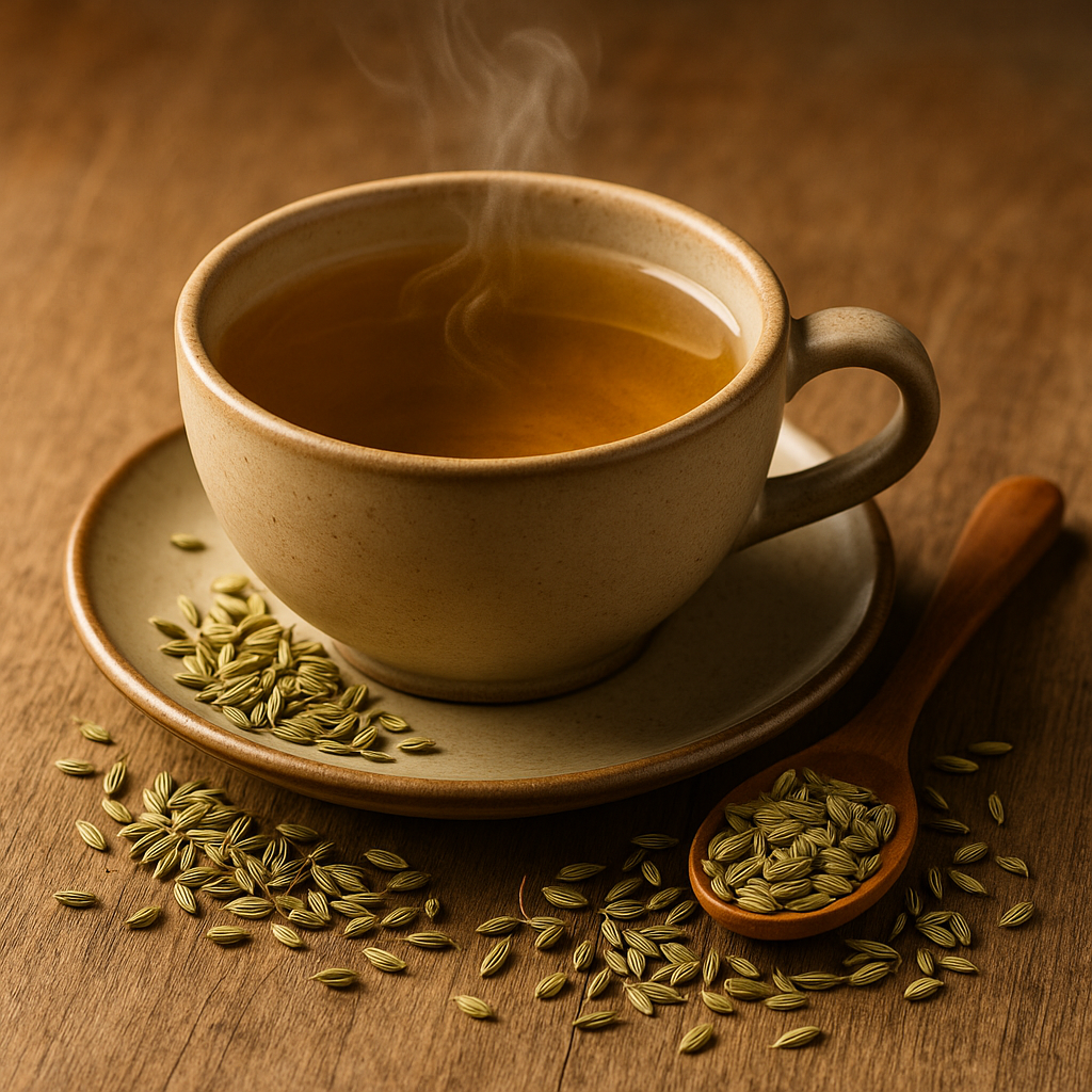 Tasse mit goldfarbenem Fencheltee auf Untertasse, umgeben von Fenchelsamen und Holzlöffel auf rustikalem Holztisch – wohltuender Bio-Kräutertee mit mild-süßem Aroma.