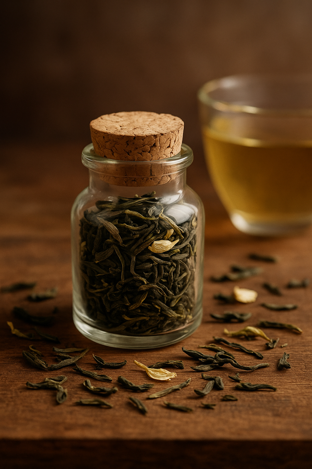 Kleines Glas mit Korkverschluss, gefüllt mit dunkelgrünen, gedrehten Jasmintee-Blättern und vereinzelten Jasminblüten – eine stimmungsvolle Bio-Teeprobe auf rustikalem Holzuntergrund.