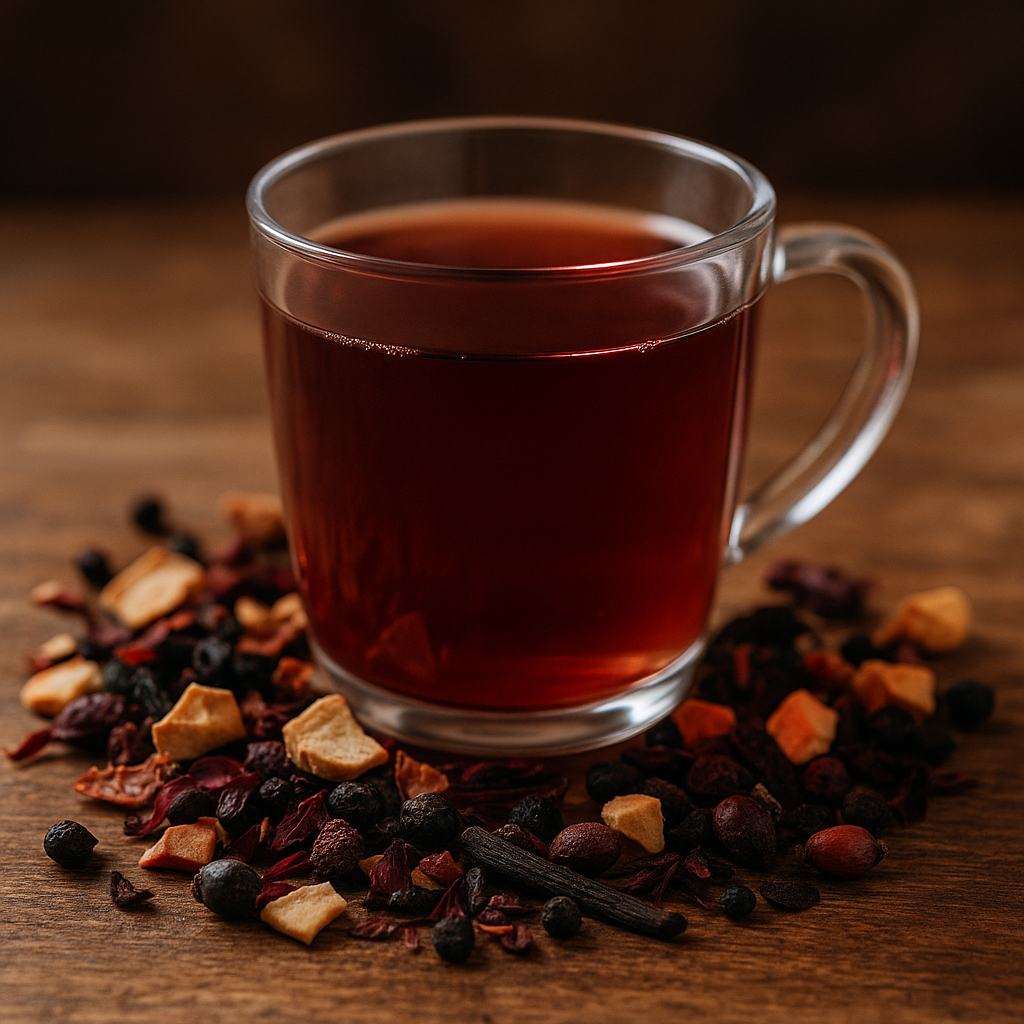 Tasse mit tiefrotem Kinderfrüchte Bio-Tee auf Holzuntergrund, umgeben von Apfelstücken, Hibiskusblüten, Holunderbeeren und Vanilleschote – fruchtiger Bio-Tee für die ganze Familie.
