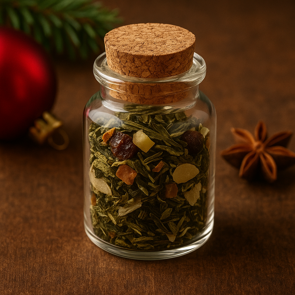 Weihnachtsstollen Bio-Tee im kleinen Probenglas mit Korken – Mischung aus grünem Tee, Mandeln, Dattelstücken und winterlichen Gewürzen, weihnachtlich dekoriert mit Tannenzweig, Sternanis und Christbaumkugel auf warmem Holz.