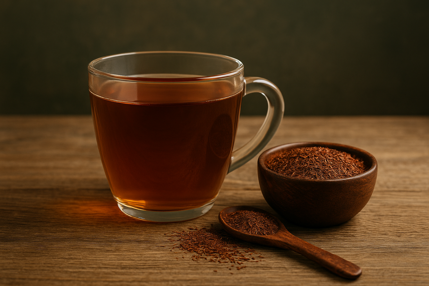 Glas mit kräftig-rotem Rooibos-Tee auf rustikalem Holztisch, daneben eine Holzschale und ein Löffel mit losem Tee – koffeinfreier Bio-Klassiker für die ganze Familie.
