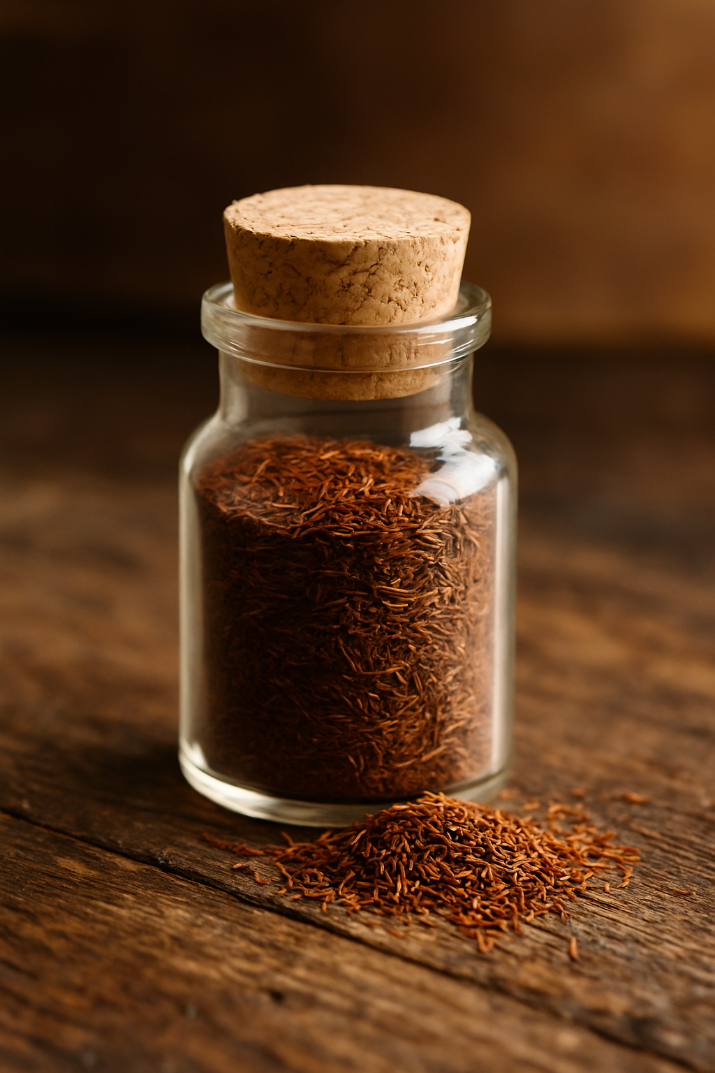 Kleines Glas mit Korkverschluss, gefüllt mit rotbraunen Rooibos-Teeblättern auf Holzuntergrund – sanfte Teeprobe des koffeinfreien Original Bio-Rooibos für die ganze Familie.