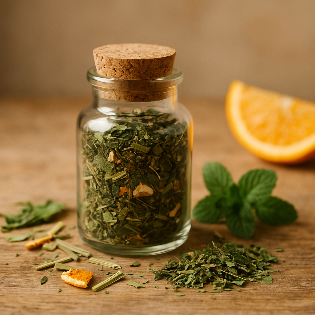 Ein stimmungsvolles Foto zeigt ein kleines, zylindrisches Glas mit Korkverschluss, das mit einer aromatischen Kräutertee-Mischung gefüllt ist. Die Mischung besteht aus grob geschnittenen Teeblättern, Kräutern und zarten Stückchen, die in natürlichen Grüntönen leuchten. Das Glas steht auf einer rustikalen Holzoberfläche, umgeben von losem Tee, was dem Bild eine natürliche und hochwertige Ausstrahlung verleiht. Ideal zur Präsentation von Bio-Kräutertee wie SlimT