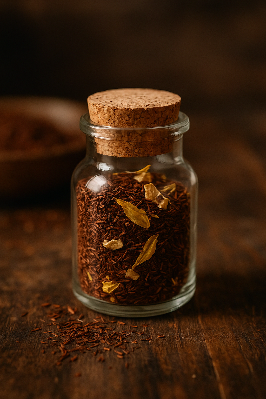 Kleines Glas mit Korkverschluss, gefüllt mit rotbrauner Rooibos-Vanille-Teemischung und Ringelblumenblüten – sanfte Teeprobe mit natürlicher Süße und Bio-Bourbon-Vanille.