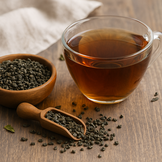 Tasse mit dunkelbraunem Gunpowder Bio-Schwarztee auf Holzuntergrund, daneben eine Holzschale und ein Holzlöffel mit gerollten Teeblättern – natürliches Licht und warme Erdtöne schaffen eine ruhige, hochwertige Atmosphäre