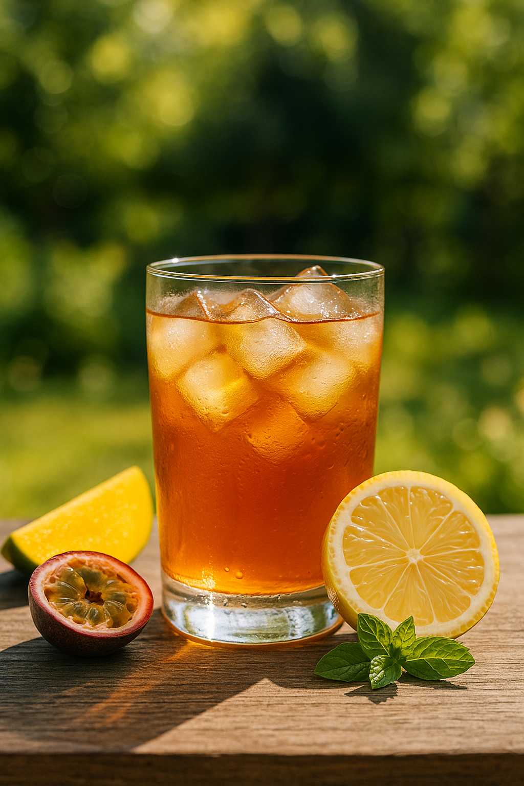 Ein Glas Cold Brew Tee mit Eiswürfeln auf einem Holztisch im Garten. Umgeben von frischer Zitrone, Mango, Maracuja und Minze im Sonnenlicht.