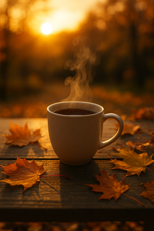Dampfen­de Tasse Tee im goldenen Herbstlicht, umgeben von bunten Blättern und warmen Farben – stimmungsvolle Golden Hour mit Tee.