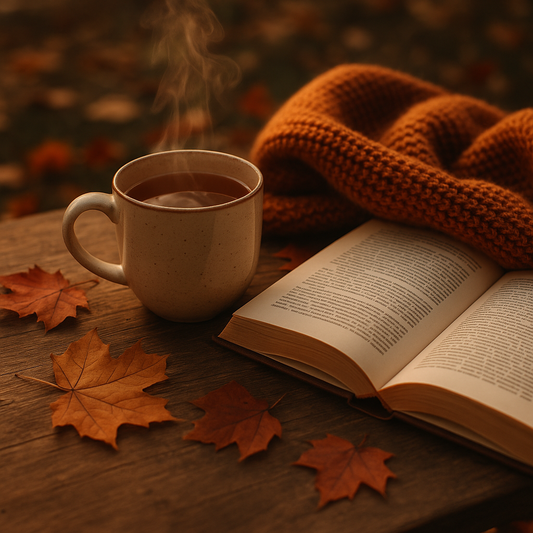 Dampfen­de Tasse Tee neben Buch und Decke auf Holztisch, umgeben von Herbstfarben – perfekter Me-Time-Abend im Herbst.
