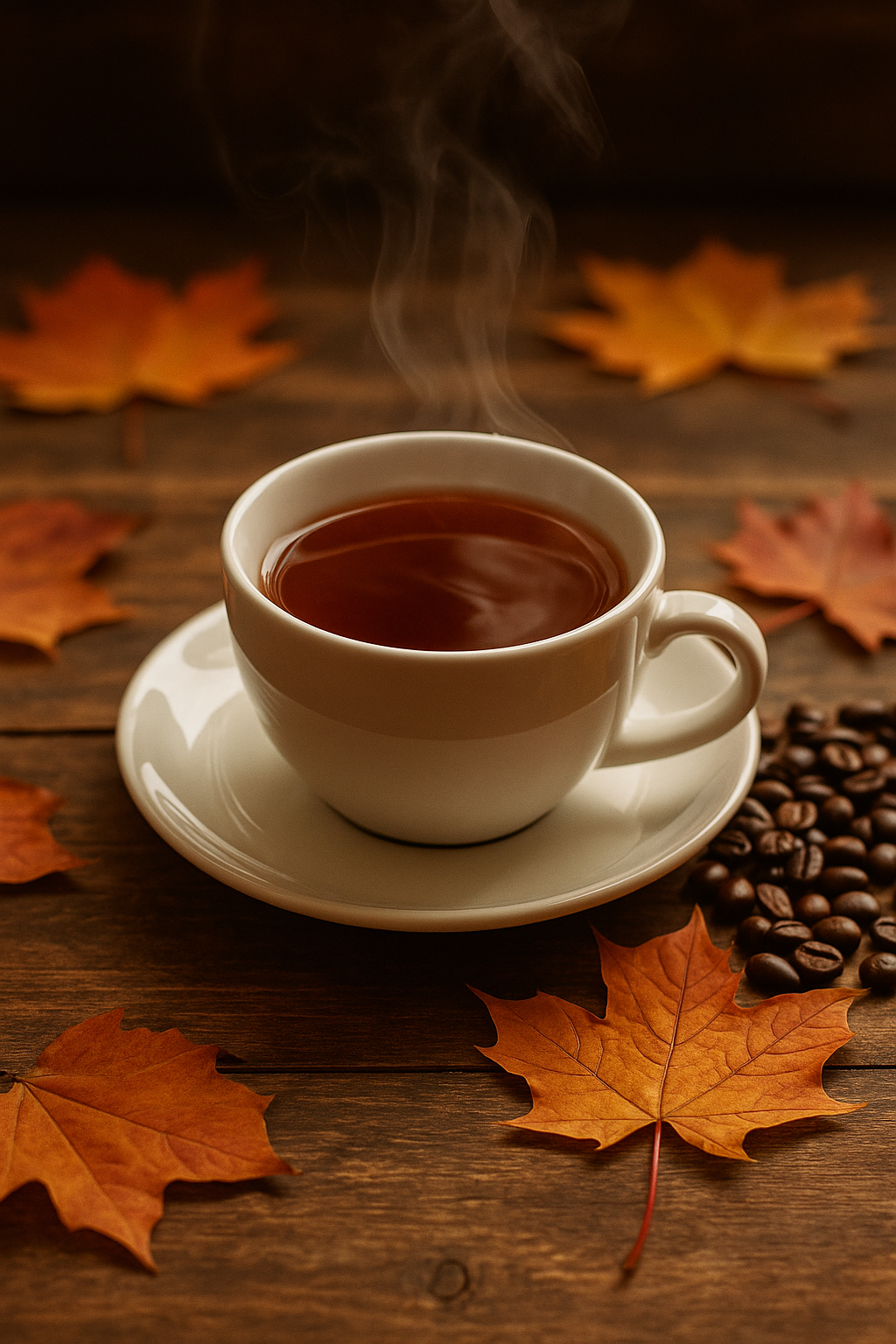 Dampfen­de Tasse Tee neben Kaffeebohnen und Herbstblättern auf Holztisch – Tee als sanfte Alternative zu Kaffee im Herbst.