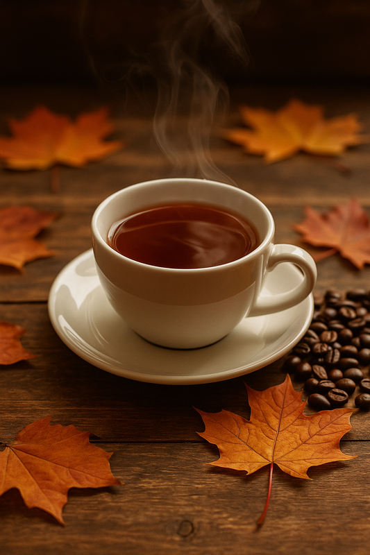 Dampfen­de Tasse Tee neben Kaffeebohnen und Herbstblättern auf Holztisch – Tee als sanfte Alternative zu Kaffee im Herbst.