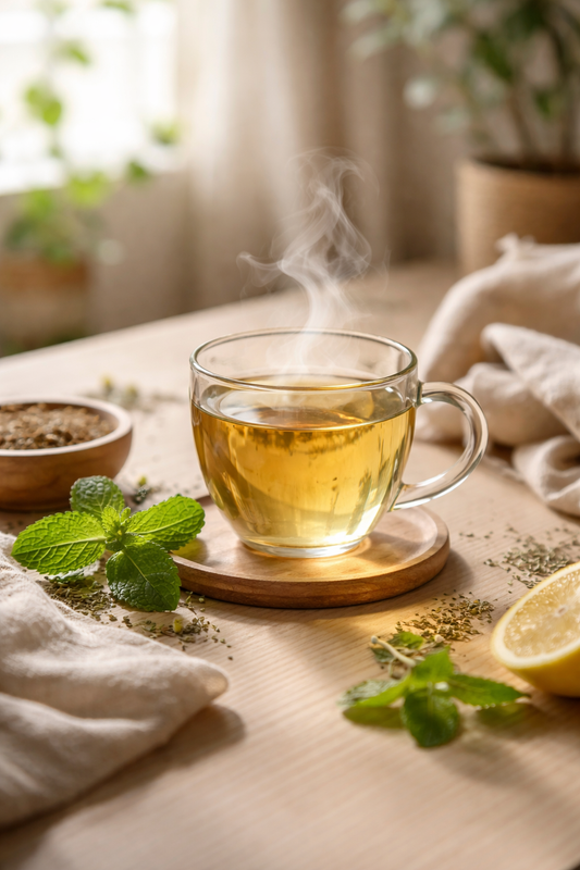 Warme Tasse Kräutertee in einem Glas auf hellem Holztisch, sanfter Dampf steigt auf. Frische Minze, Zitronenmelisse und Leinentuch schaffen eine ruhige, natürliche Atmosphäre für bewusstes Fasten, Balance und achtsame Selbstfürsorge.
