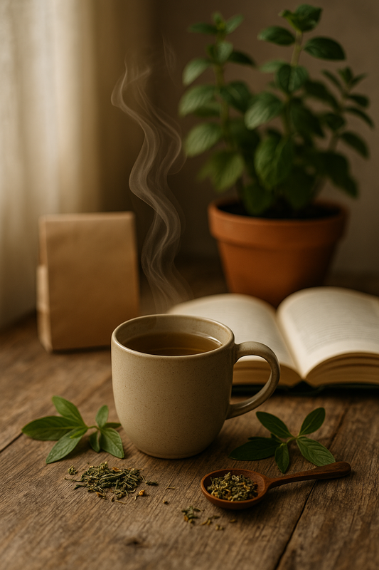 Tasse mit dampfendem Bio-Kräutertee auf Holztisch, daneben lose Teeblätter, ein Holzlöffel und ein offenes Buch – ruhiger Moment bei TeeMagie.