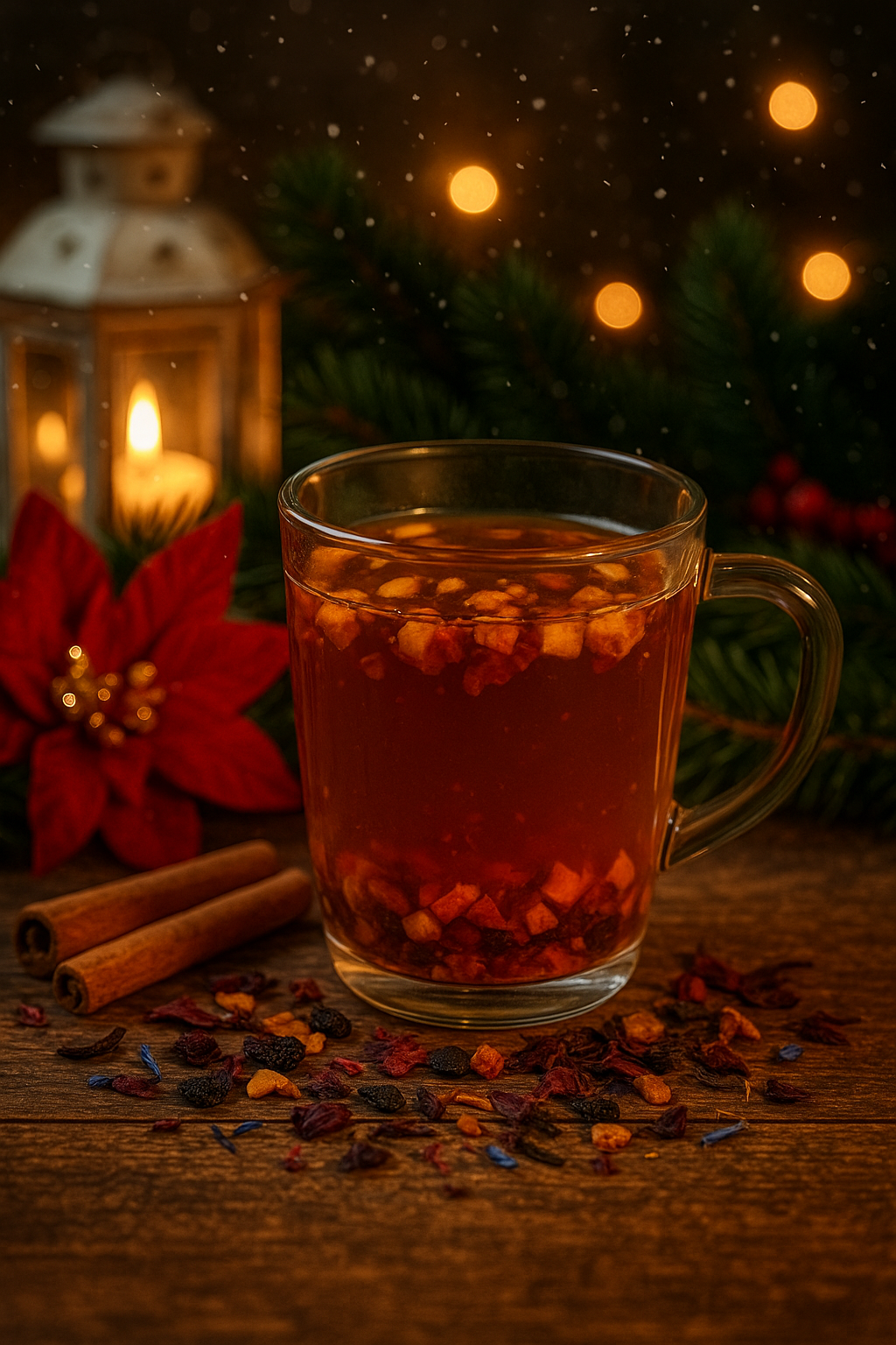 Bratapfel Bio-Tee in einem Glas auf rustikalem Holztisch, umgeben von Zimtstangen, Apfelstücken, Vanille und weihnachtlicher Dekoration mit Lichterkette, Tannenzweigen und roter Blüte – stimmungsvolles Weihnachtsambiente.
