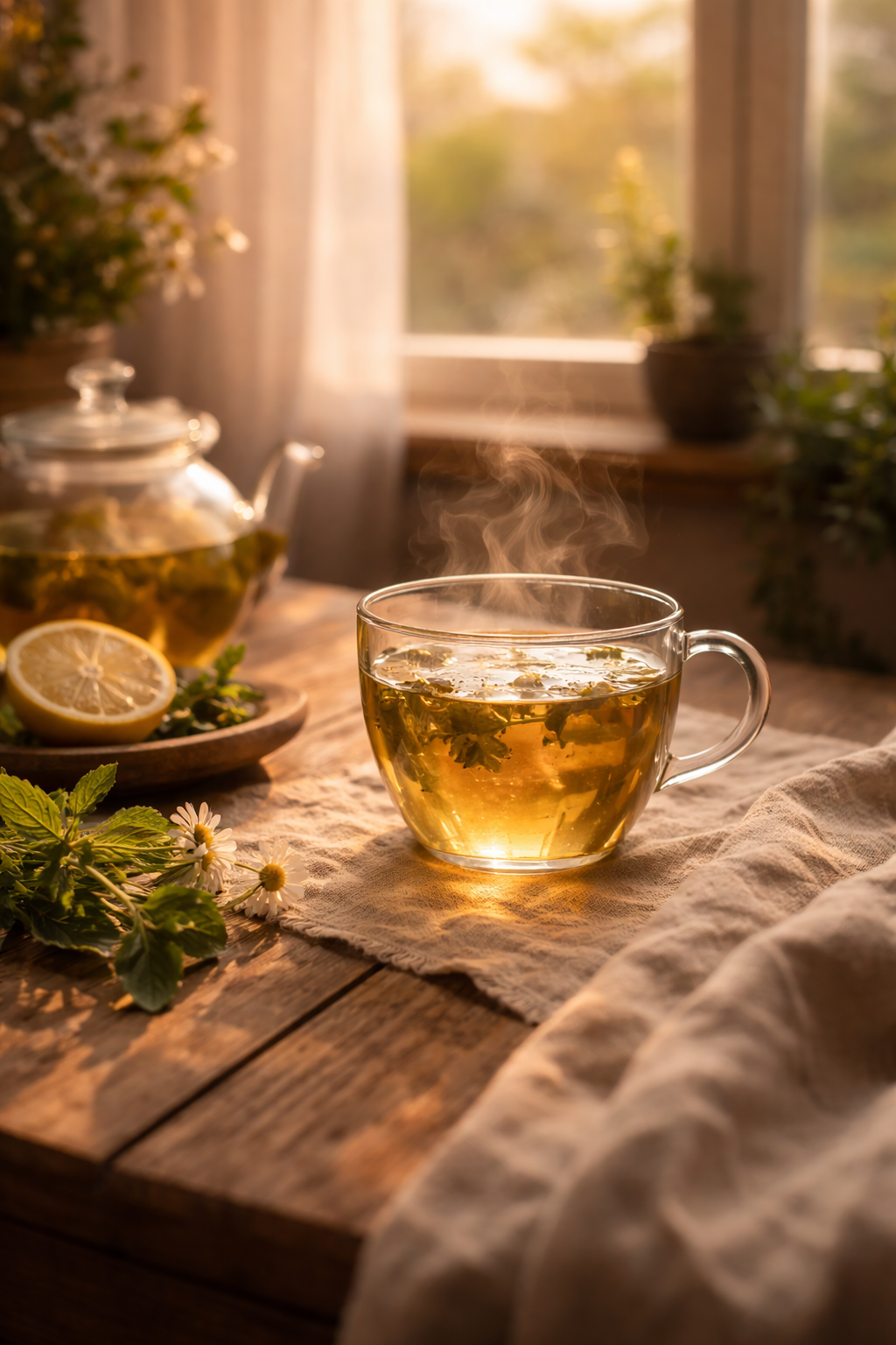 Glas-Tasse mit dampfendem Kräutertee auf einem Holztisch am Fenster, umgeben von frischen Kräutern und Leinentuch in warmem Morgenlicht – ruhiges Tee-Ritual für Achtsamkeit und Balance im Alltag.