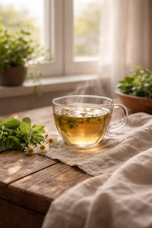 Glas-Tasse mit dampfendem Kräutertee auf einem Holztisch am Fenster, umgeben von frischer Minze, Kamillenblüten und Leinentuch in weichem Tageslicht – ruhiger Tee-Moment für Achtsamkeit und Balance