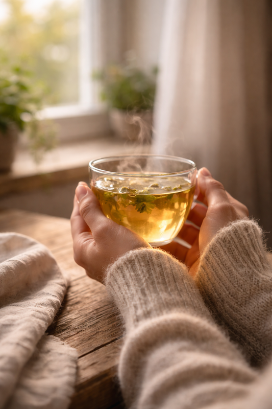 Hände halten eine dampfende Glas-Tasse mit Kräutertee am Fenster in weichem Tageslicht, gemütliche Atmosphäre für einen ruhigen Tee-Moment und Achtsamkeit im Alltag.