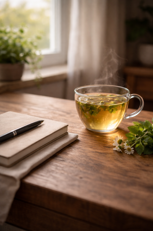 Dampfende Glas-Tasse mit Kräutertee auf einem Holztisch neben Notizbuch und Stift am Fenster, umgeben von frischen Kräutern – ruhige Tee-Pause für Achtsamkeit und Balance im Alltag.