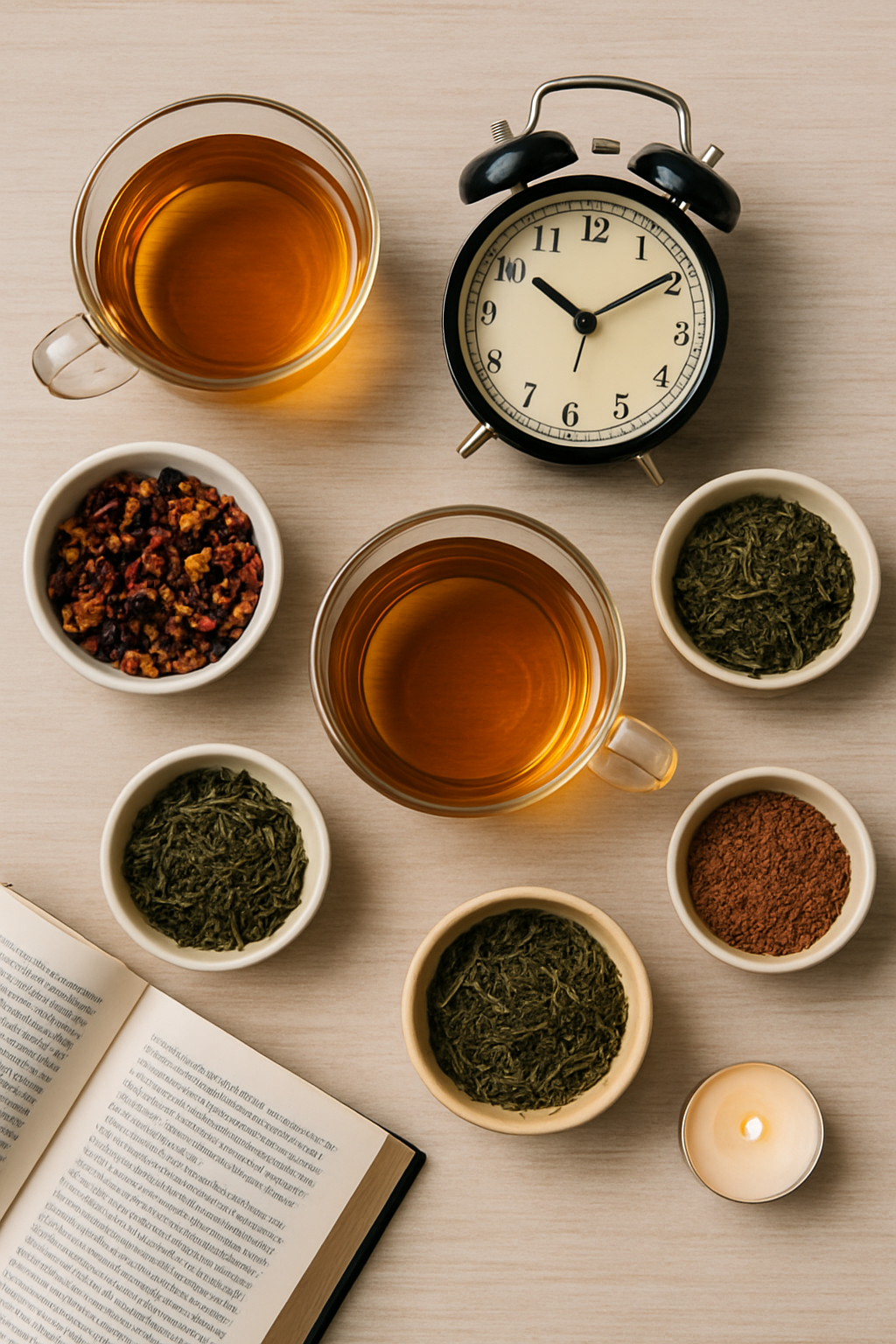 Flache Anordnung von zwei Tassen Tee, losen Teeblättern, einem Wecker, einer Kerze und einem offenen Buch auf hellem Holztisch – stimmungsvolle Darstellung von Tee-Ritualen für ein achtsames Wochenende