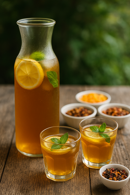Cold Brew Bio-Tee mit Zitrone und Minze auf Holztisch – Sommergetränk aus dem TeeMagie Sortiment