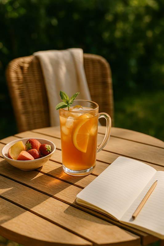 Sommermorgen im Garten mit einer Tasse Cold Brew Tee, Sonnenlicht fällt auf den Frühstückstisch mit frischem Obst und Notizbuch.