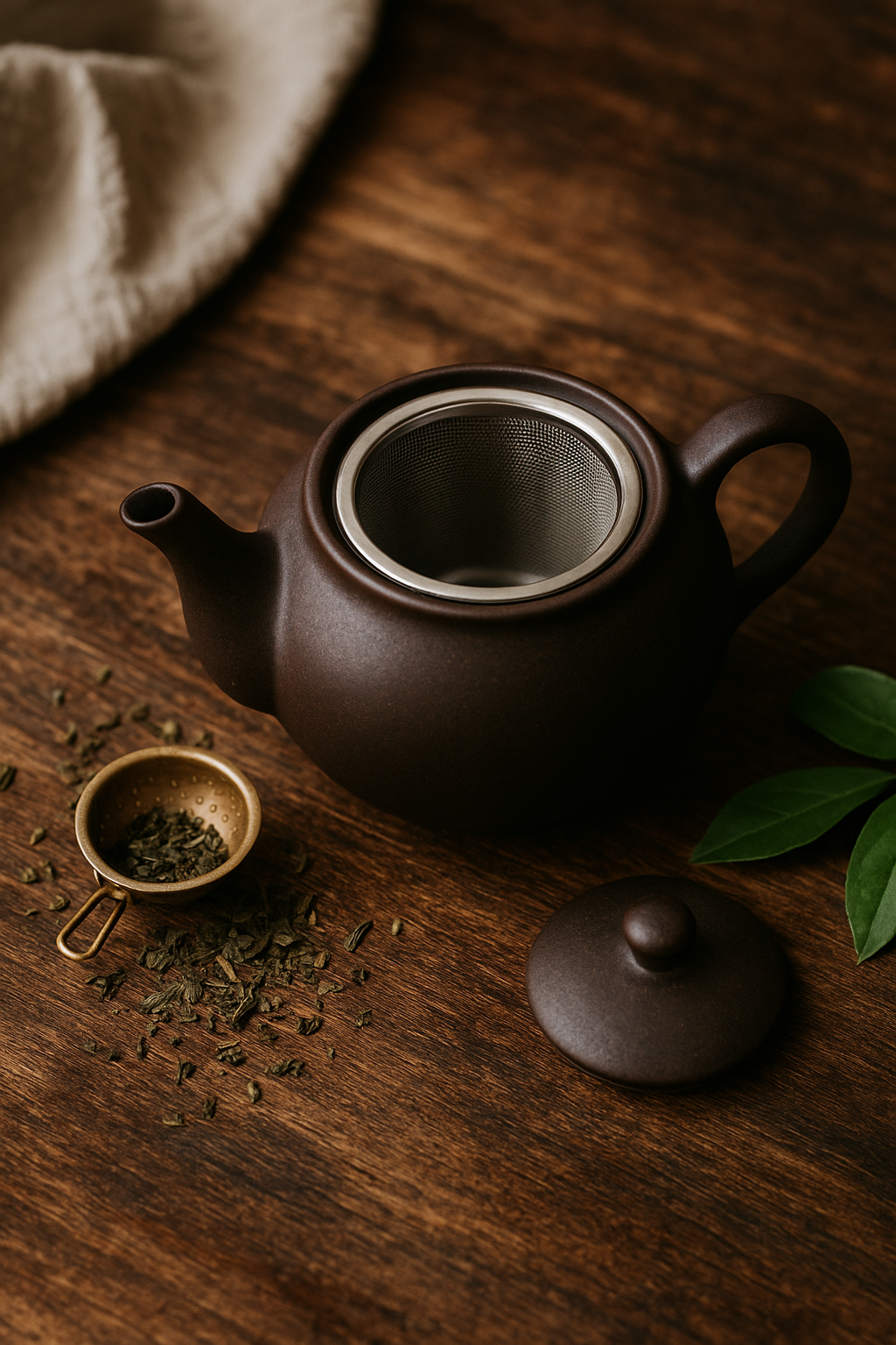 Leere Keramik-Teekanne mit integriertem Edelstahl-Teesieb auf rustikalem Holztisch, daneben loser Tee und ein kleiner goldener Teefilter – stilvolles Zubehör für achtsame Teemomente.