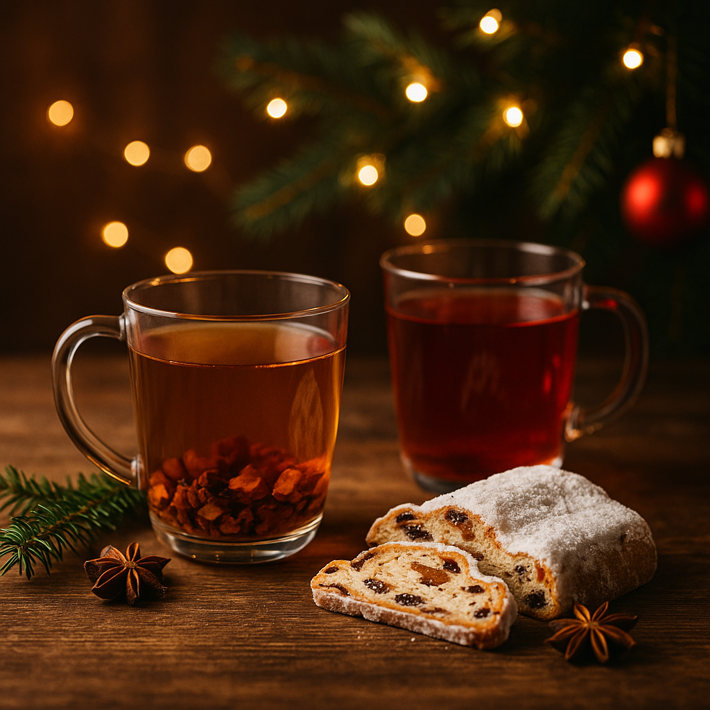 Weihnachtliche Teeszene mit zwei Gläsern Bio-Tee – Bratapfel und Weihnachtsstollen Tee auf rustikalem Holztisch, umgeben von Tannenzweigen, Stollenscheiben, Sternanis und warmen Lichterketten, festlich dekoriert für die TeeMagie Weihnachtskollektion.