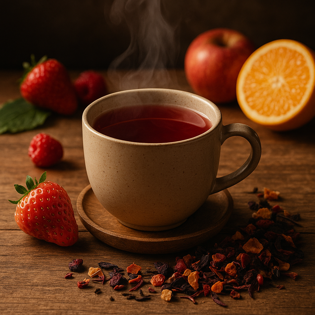 Tasse mit heißem Früchtetee auf Holzteller, umgeben von Erdbeeren, Orange, Apfel und getrockneten Fruchtstücken – natürlicher Genuss in warmem Licht.
