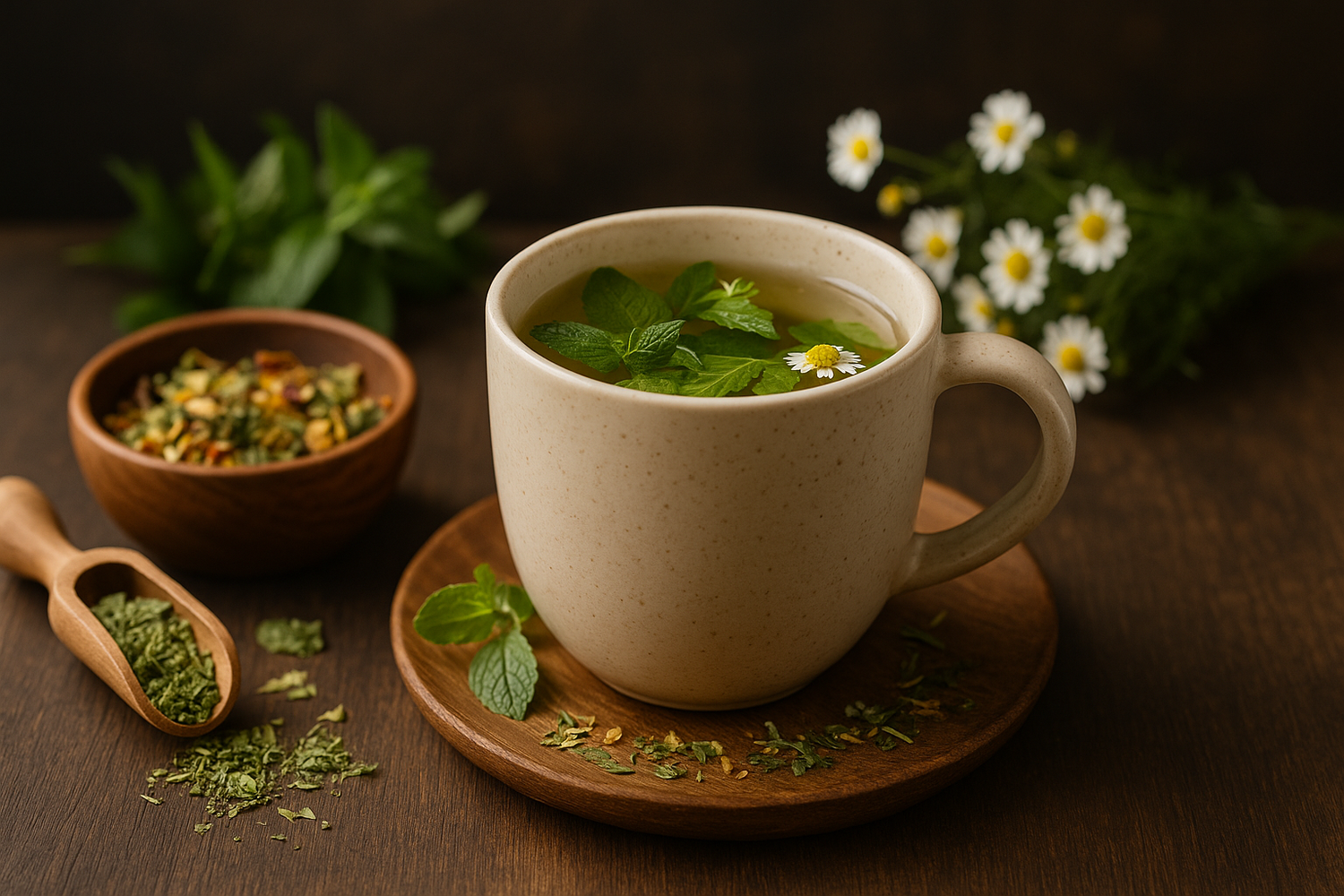 Tasse mit heißem Bio-Kräutertee, dekoriert mit frischer Minze und Kamillenblüten auf einem Holzteller – umgeben von getrockneten Kräutern und natürlichen Zutaten.