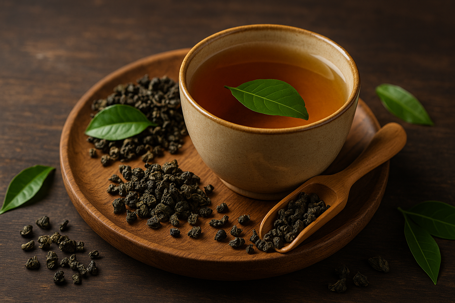 Tasse mit warmem Oolong-Tee auf Holzteller, umgeben von gerollten Teeblättern, Holzlöffel und frischen grünen Blättern – natürlich und hochwertig in Szene gesetzt.