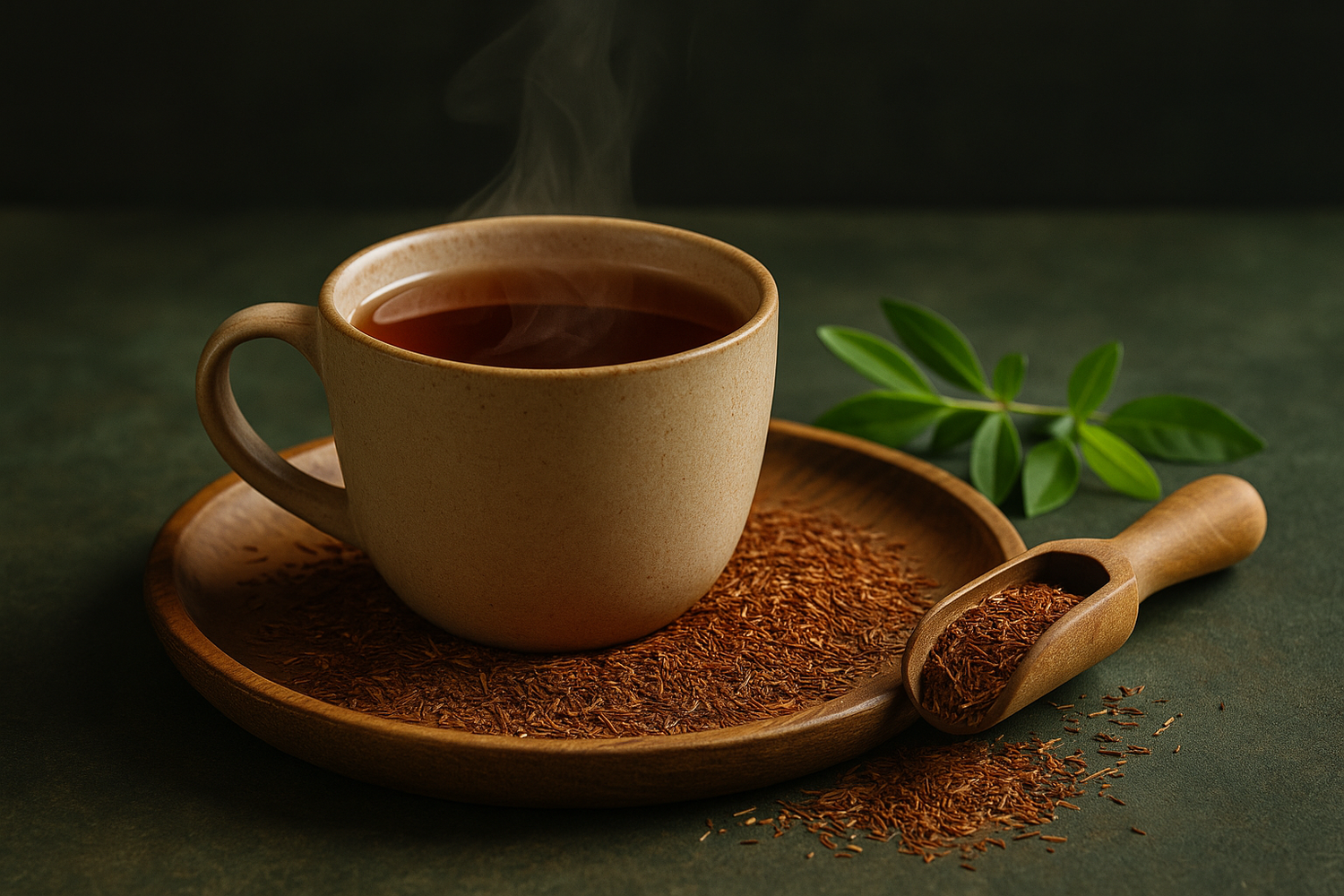 Tasse mit dampfendem Rooibos Tee auf Holzteller, umgeben von losem Rooibos und einem Holzlöffel – sanfter Teegenuss ohne Koffein in natürlicher Atmosphäre.