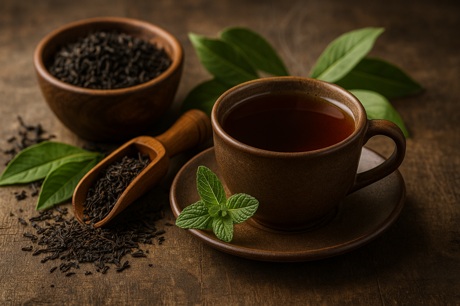 Tasse mit schwarzem Tee auf rustikalem Holztisch, daneben lose Schwarzteeblätter im Holzlöffel und frische Teeblätter – kraftvoller Bio-Tee für Genießer.