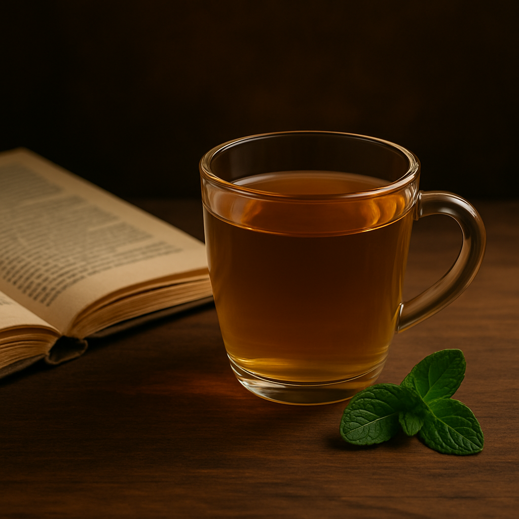 Teeglas mit Kräutertee neben aufgeschlagenem Buch und Minzblatt auf Holzfläche.