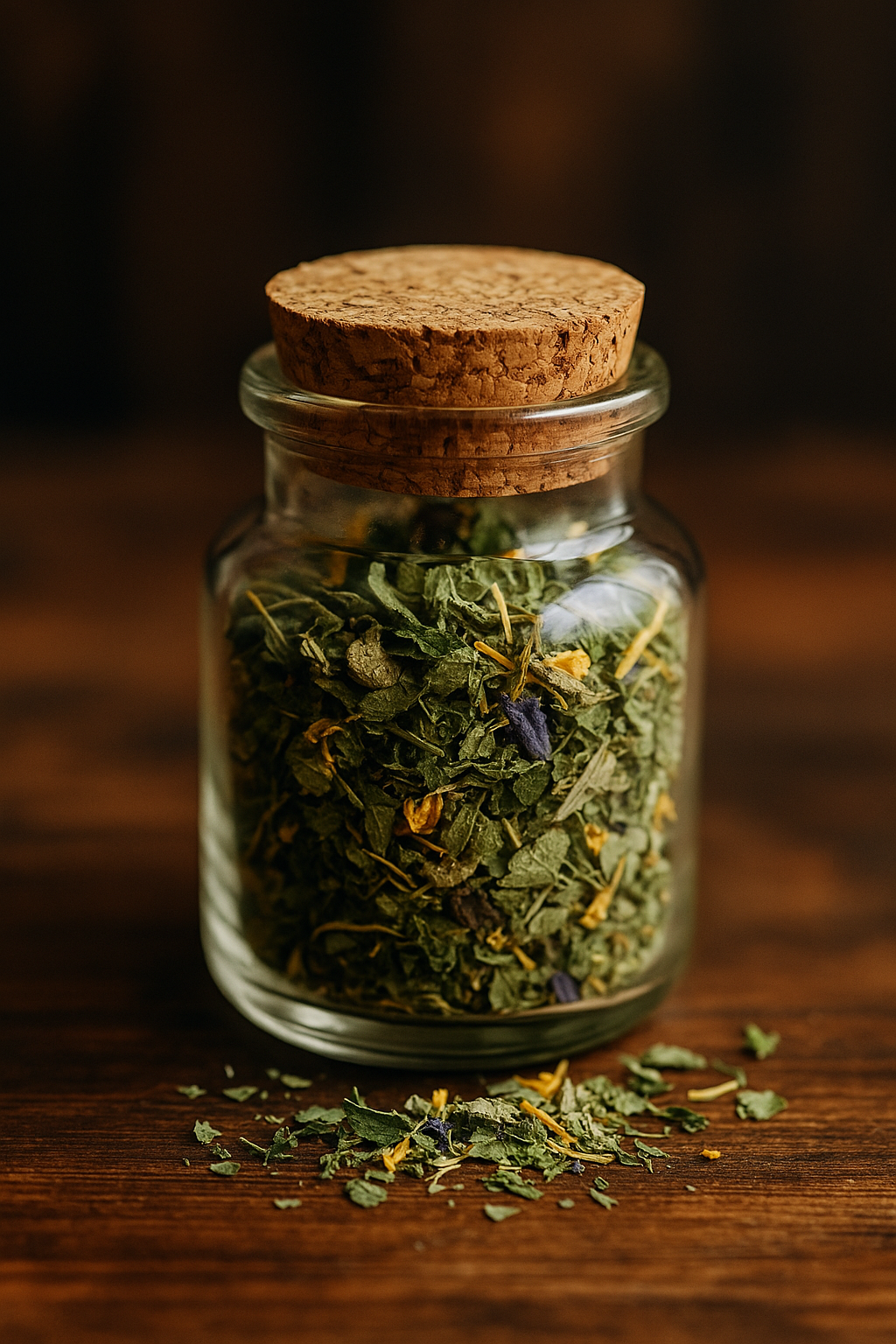 Kleines Glas mit Korken, gefüllt mit bunter Bio-Kräuterteemischung aus Bergkräutern wie Salbei, Minze und Ringelblumen auf Holzuntergrund – naturbelassene Teeprobe in dekorativem Gläschen.