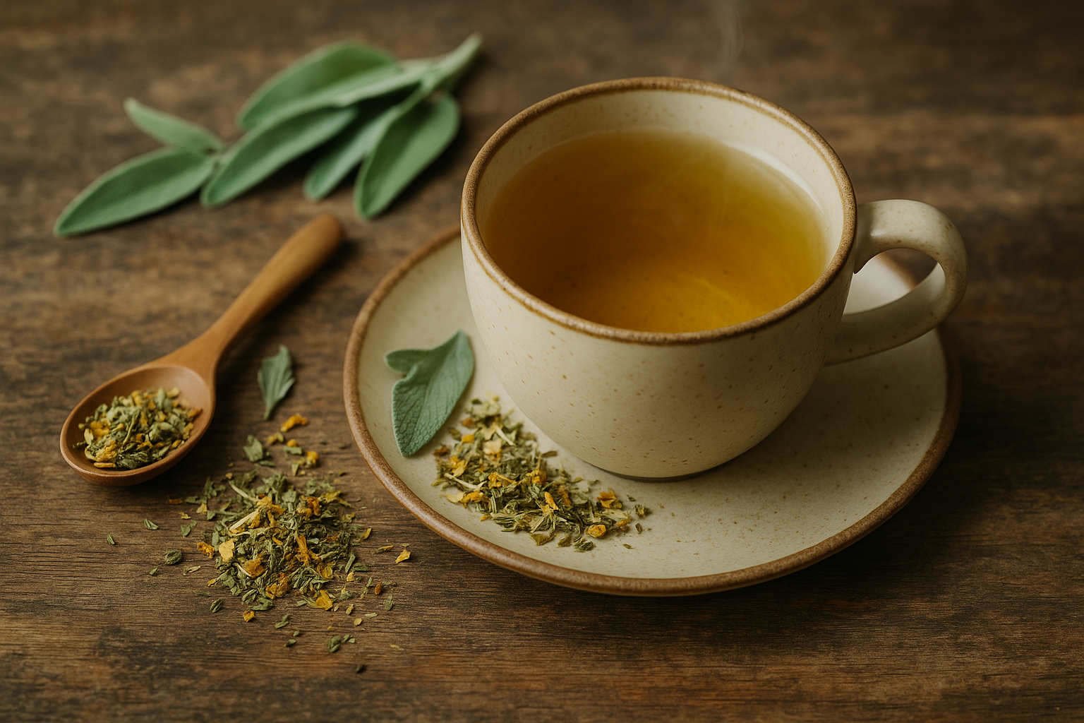 Tasse mit goldfarbenem Bergkräutertee auf Untertasse, umgeben von getrockneten Bio-Kräutern wie Salbei und Ringelblumen auf rustikalem Holztisch – naturbelassene Kräuterteemischung ohne Zusatzstoffe.