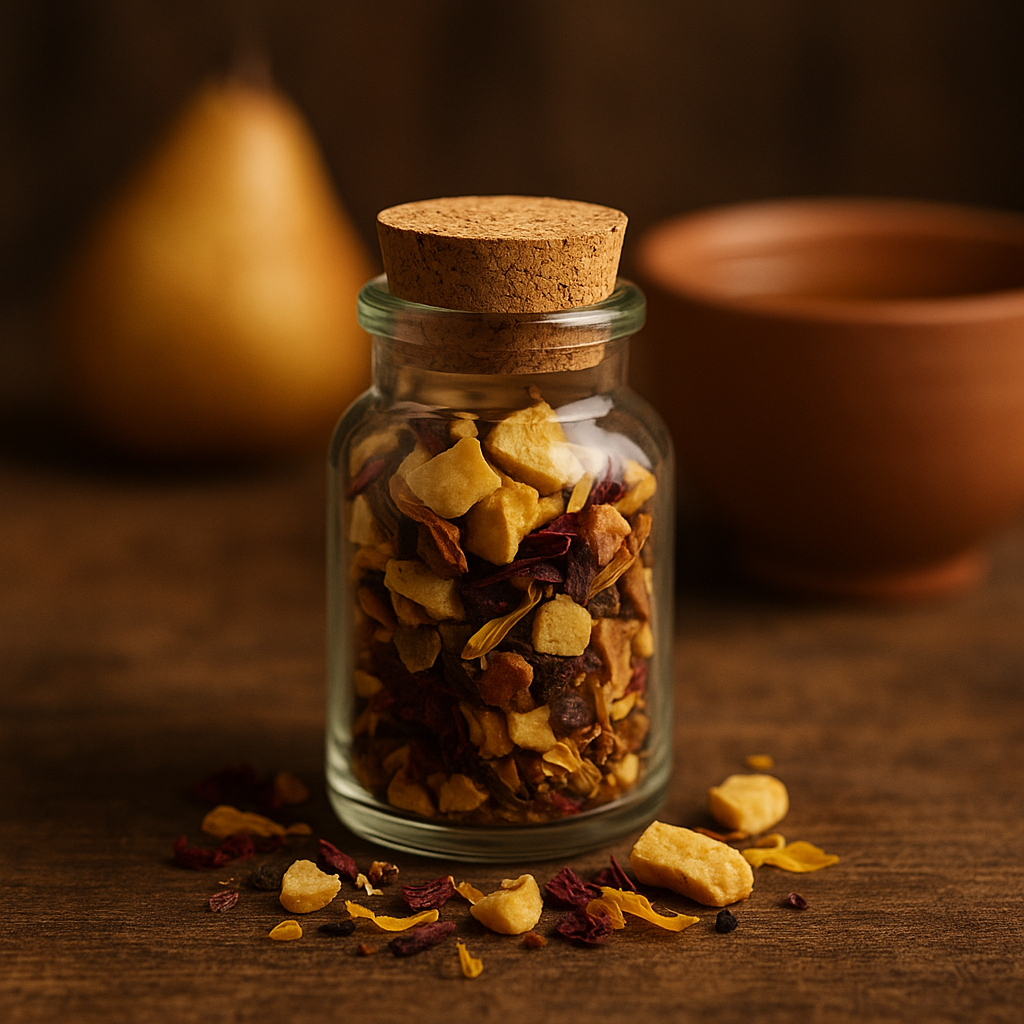 Kleines Glas mit Korken, gefüllt mit naturbelassener Bio-Teemischung aus Birnenstücken, Ingwer und Ringelblumen – dekorative Teeprobe mit fruchtig-würziger Note.
